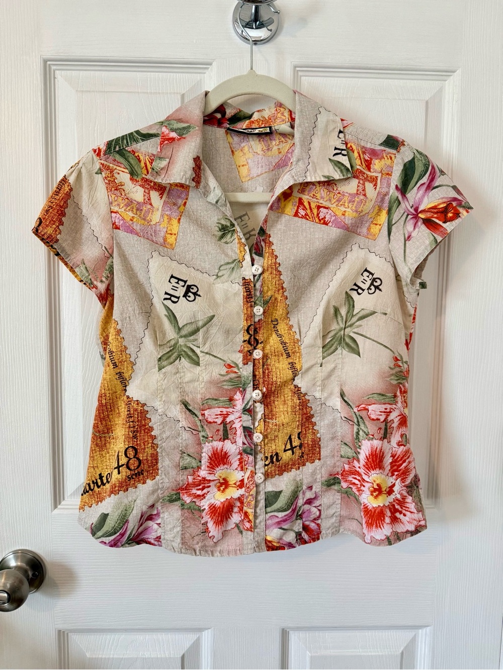 Caribbean Joe Tropical Postcard Floral Collage Button Shirt Petite Small
